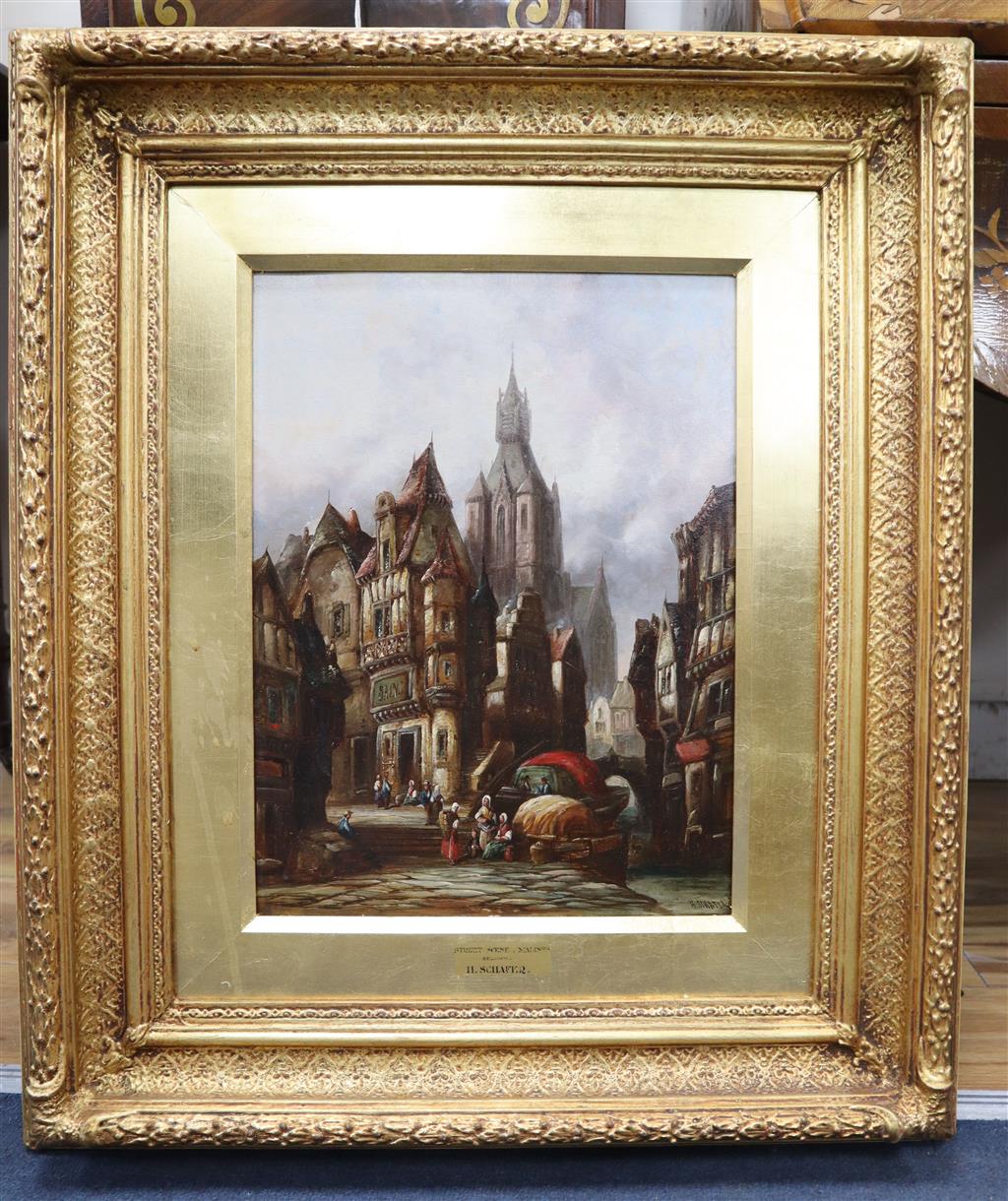 Henry Schafer (1833-1916), oil on canvas, Street scene, Malines, Belgium, signed, 40 x 30cm